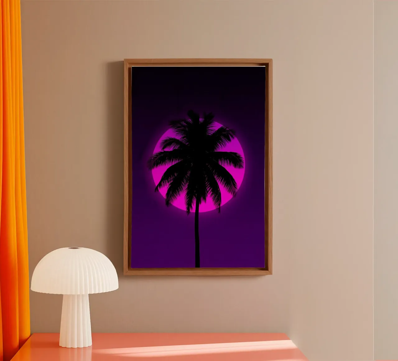 Silueta de palmera sobre un círculo rosa en un cuadro morado lienzo con Marco flotante de DesignDoodle
