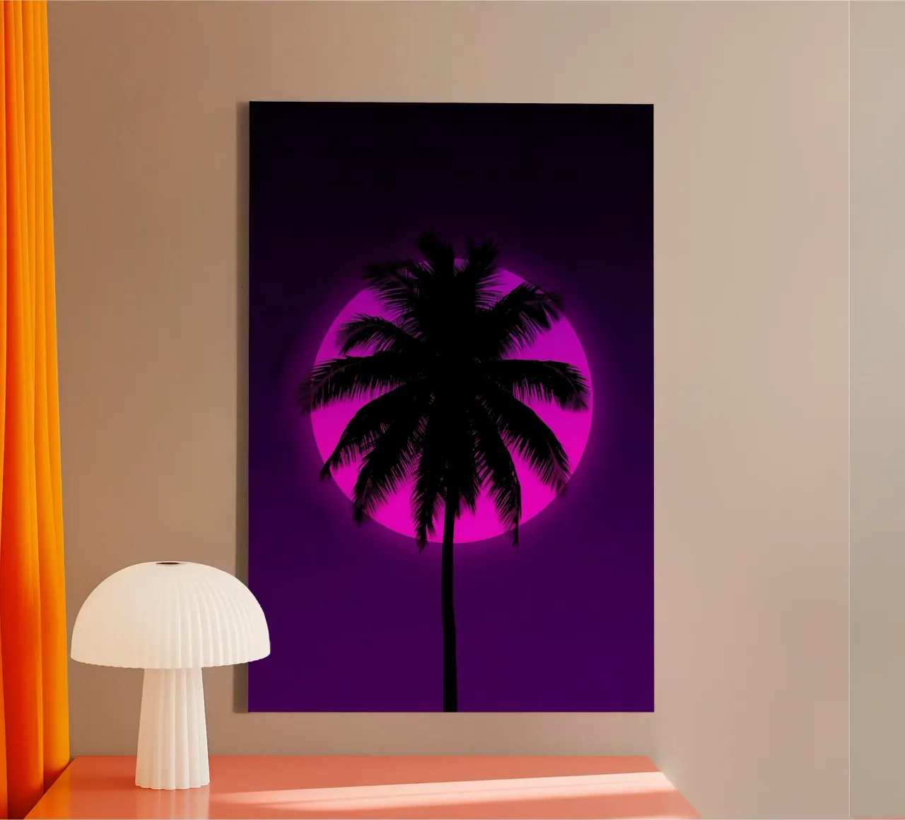 Silueta de palmera sobre un círculo rosa en un cuadro morado lienzo con Marco flotante de DesignDoodle