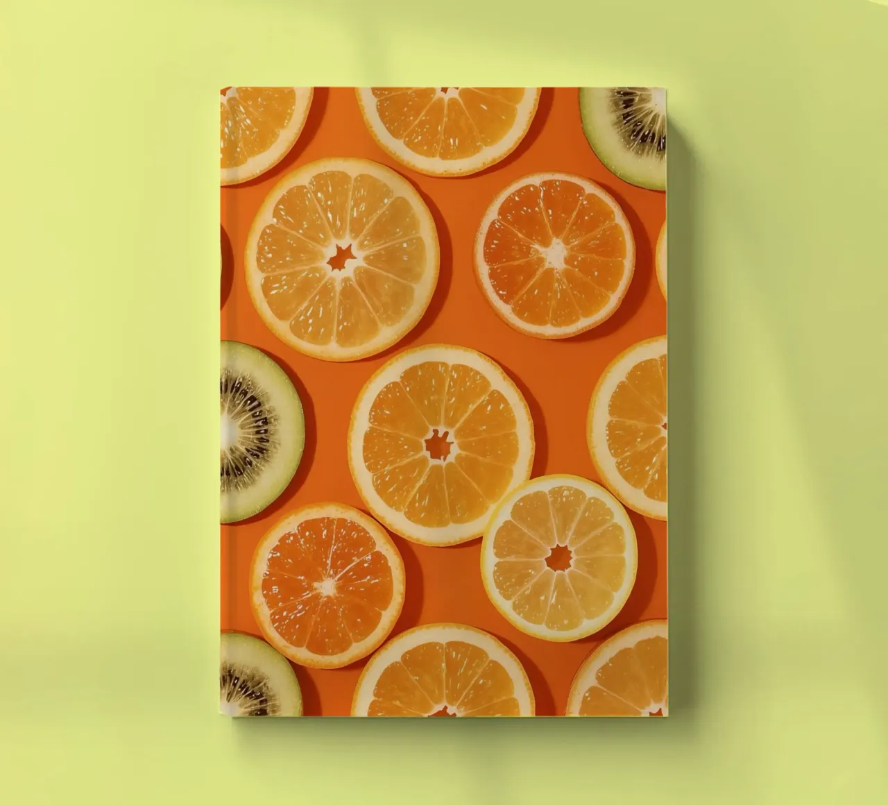 Sliced Oranges Lemons and Kiwi on Orange Background notebook by DesignDoodle