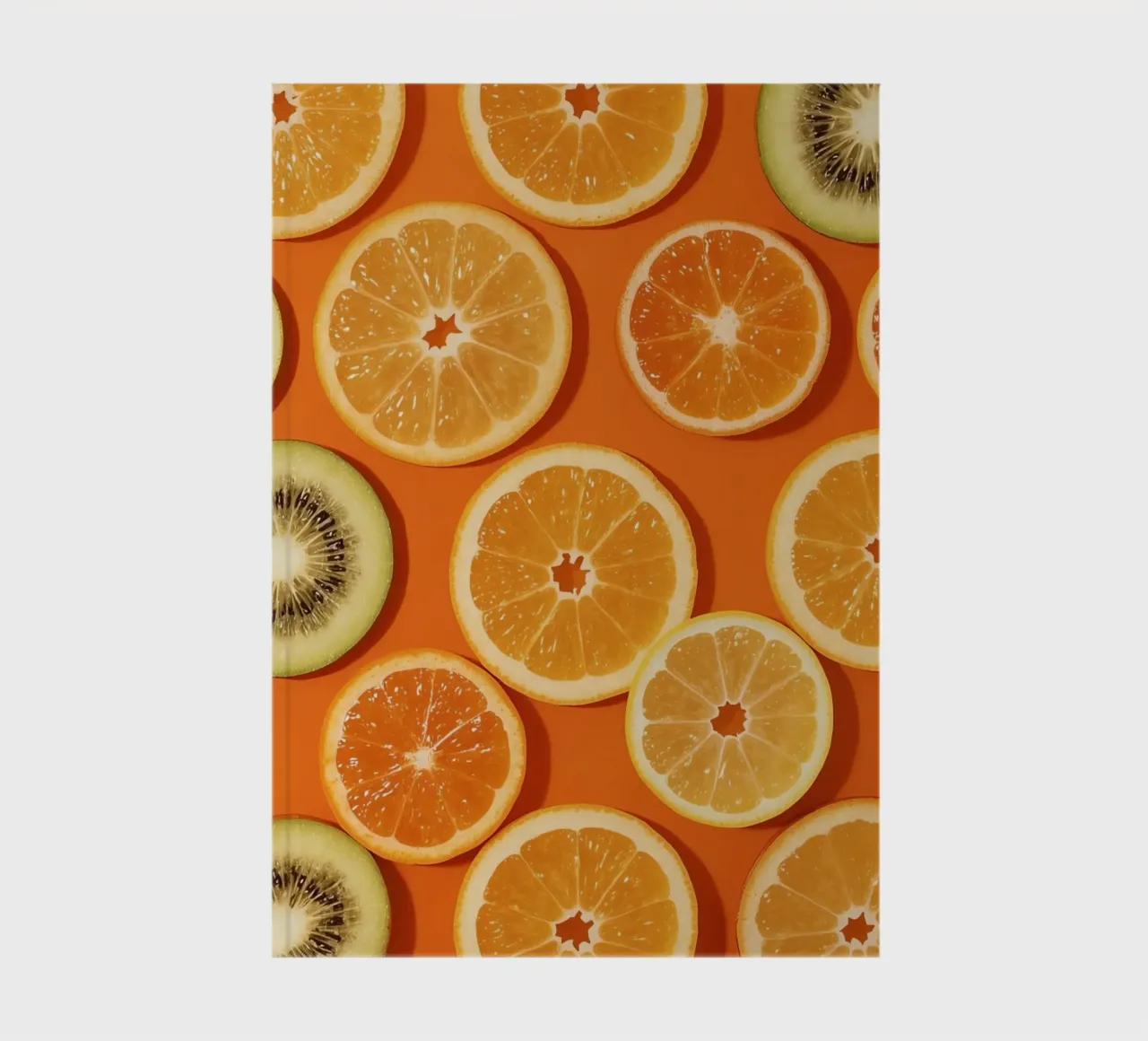 Sliced Oranges Lemons and Kiwi on Orange Background notebook by DesignDoodle