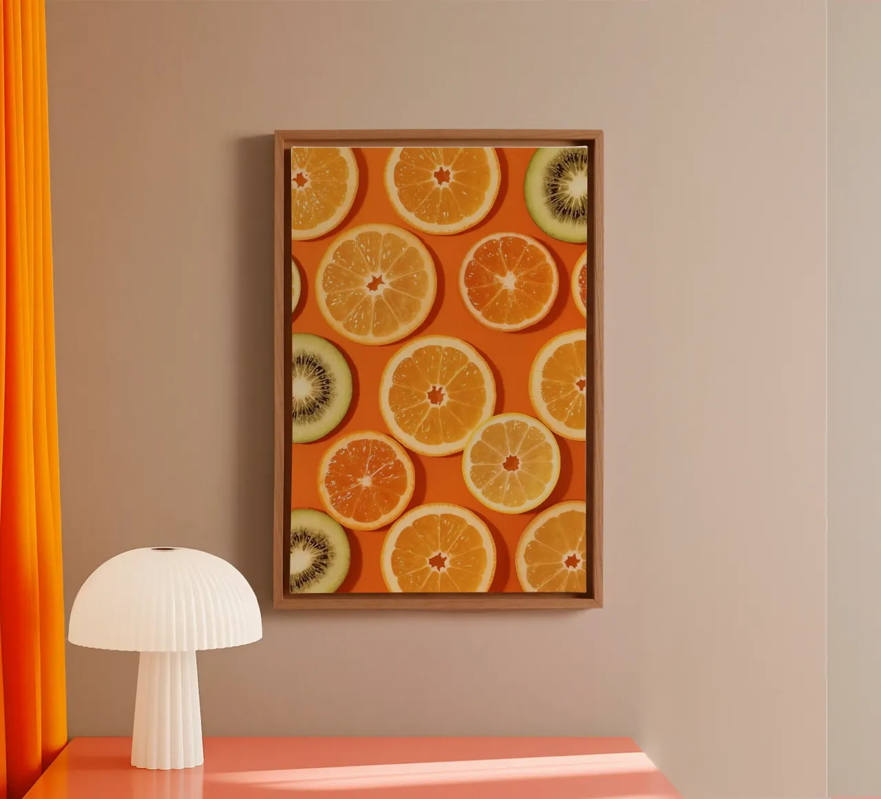 Sliced Oranges Lemons and Kiwi on Orange Background canvas with Floater frame by DesignDoodle