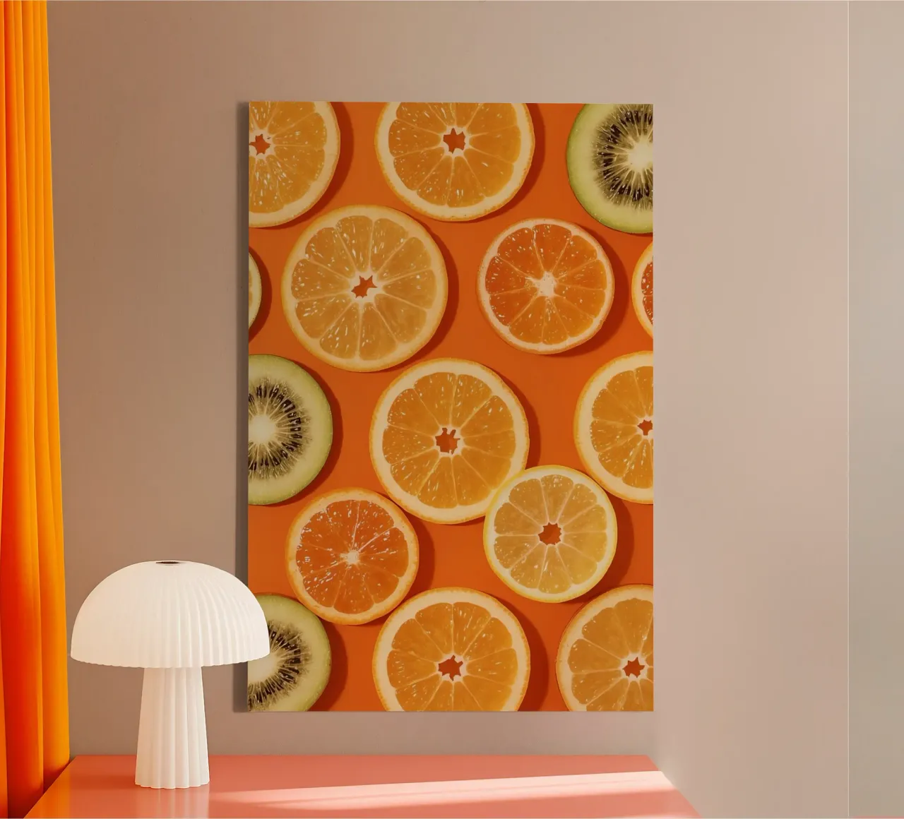 Sliced Oranges Lemons and Kiwi on Orange Background canvas with Floater frame by DesignDoodle