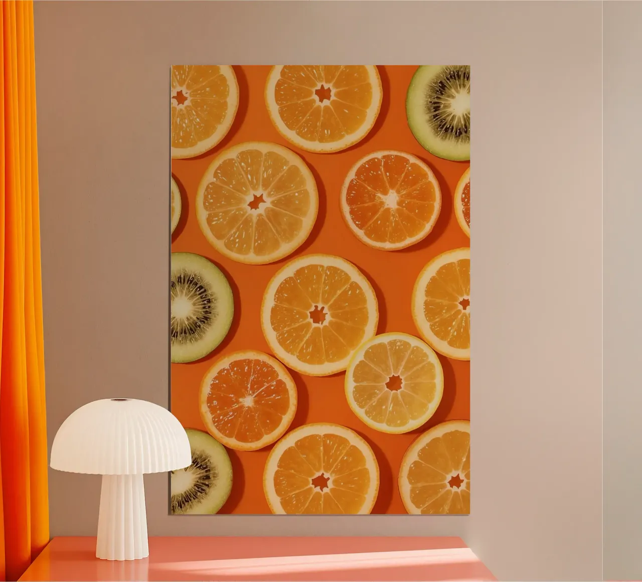 Arance a fette Limoni e Kiwi su sfondo arancione poster con telaio in legno da DesignDoodle