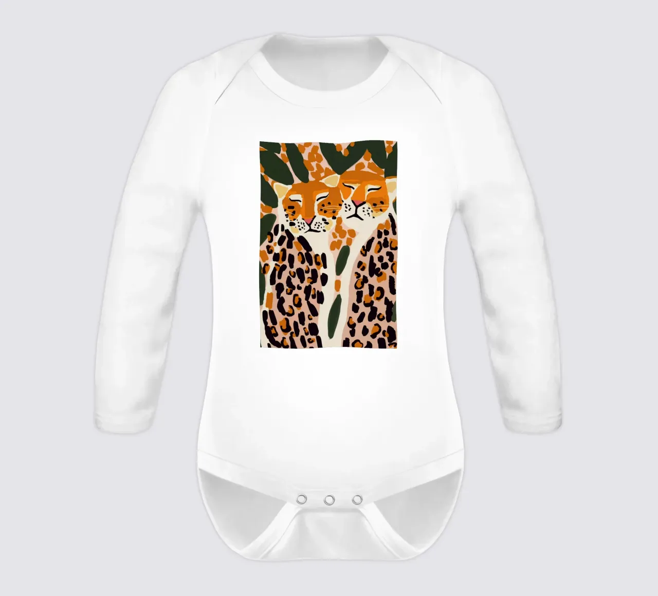 Cuddling Leopards long-sleeve baby romper by treechild