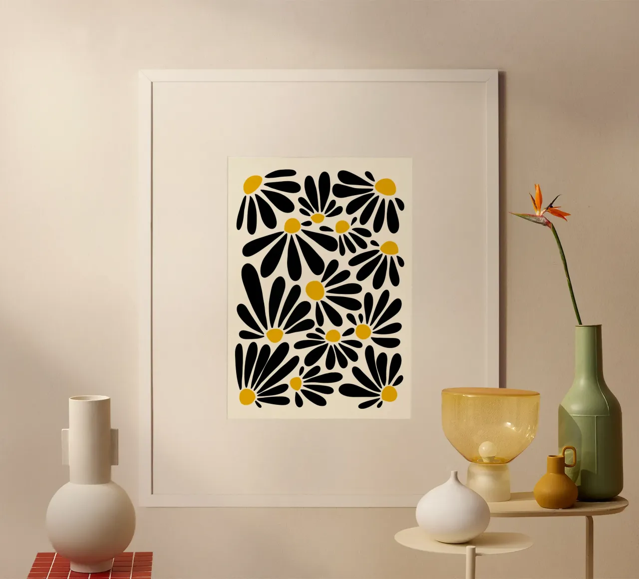 Black petals flowers poster con telaio in legno da TijanaArtStudio88