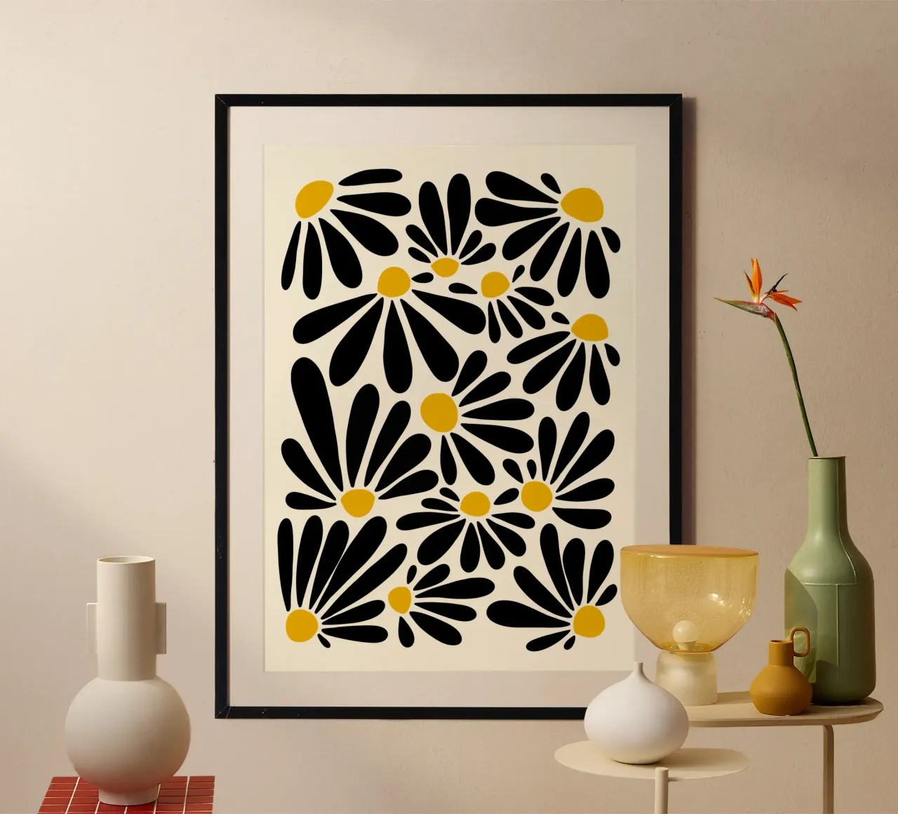 Black petals flowers poster con telaio in legno da TijanaArtStudio88