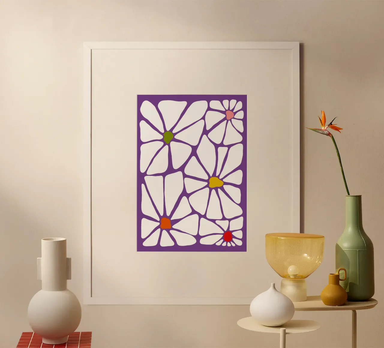 Retro summer symphony Flowers poster con telaio in legno da TijanaArtStudio88