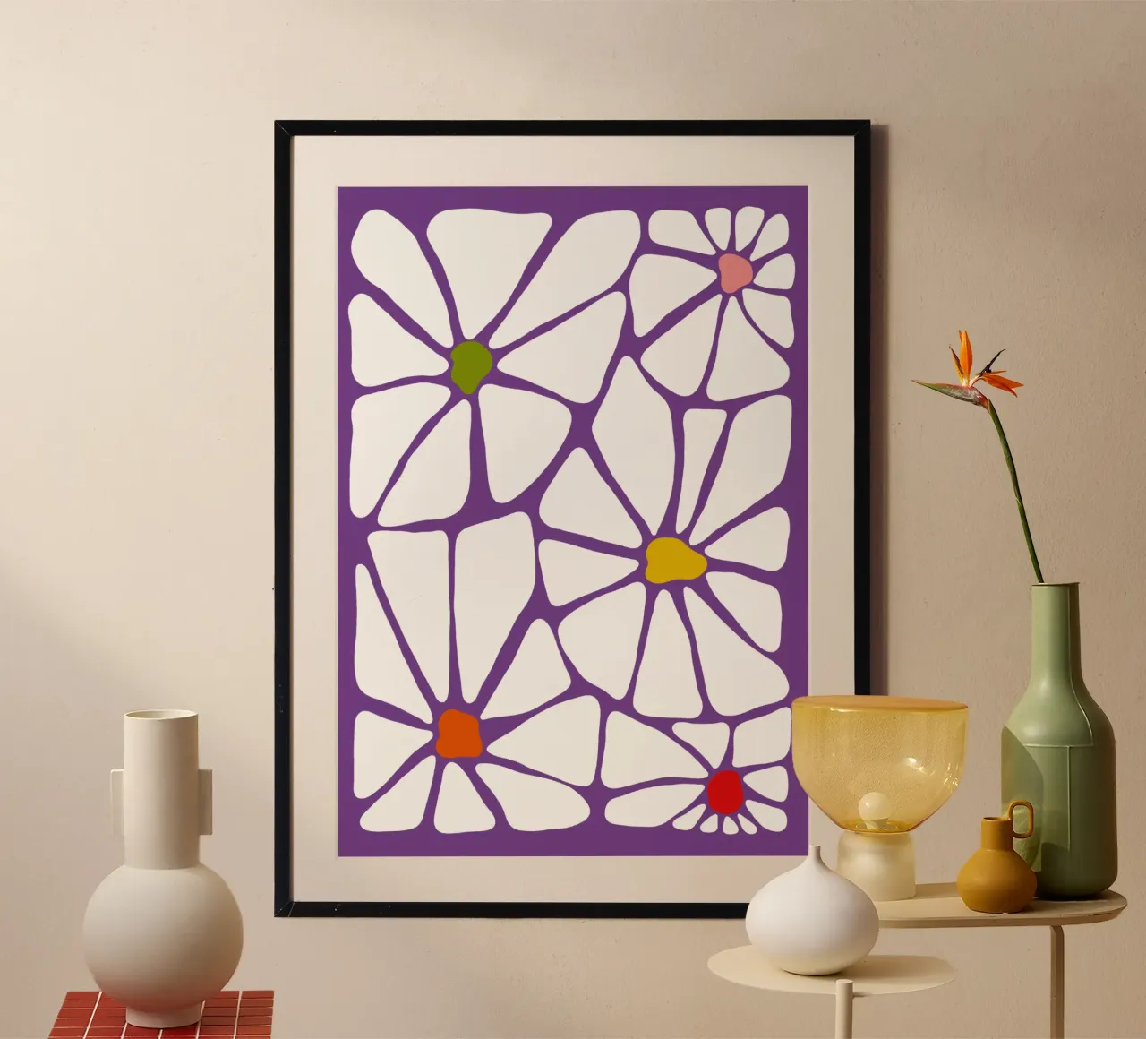 Retro summer symphony Flowers poster con telaio in legno da TijanaArtStudio88