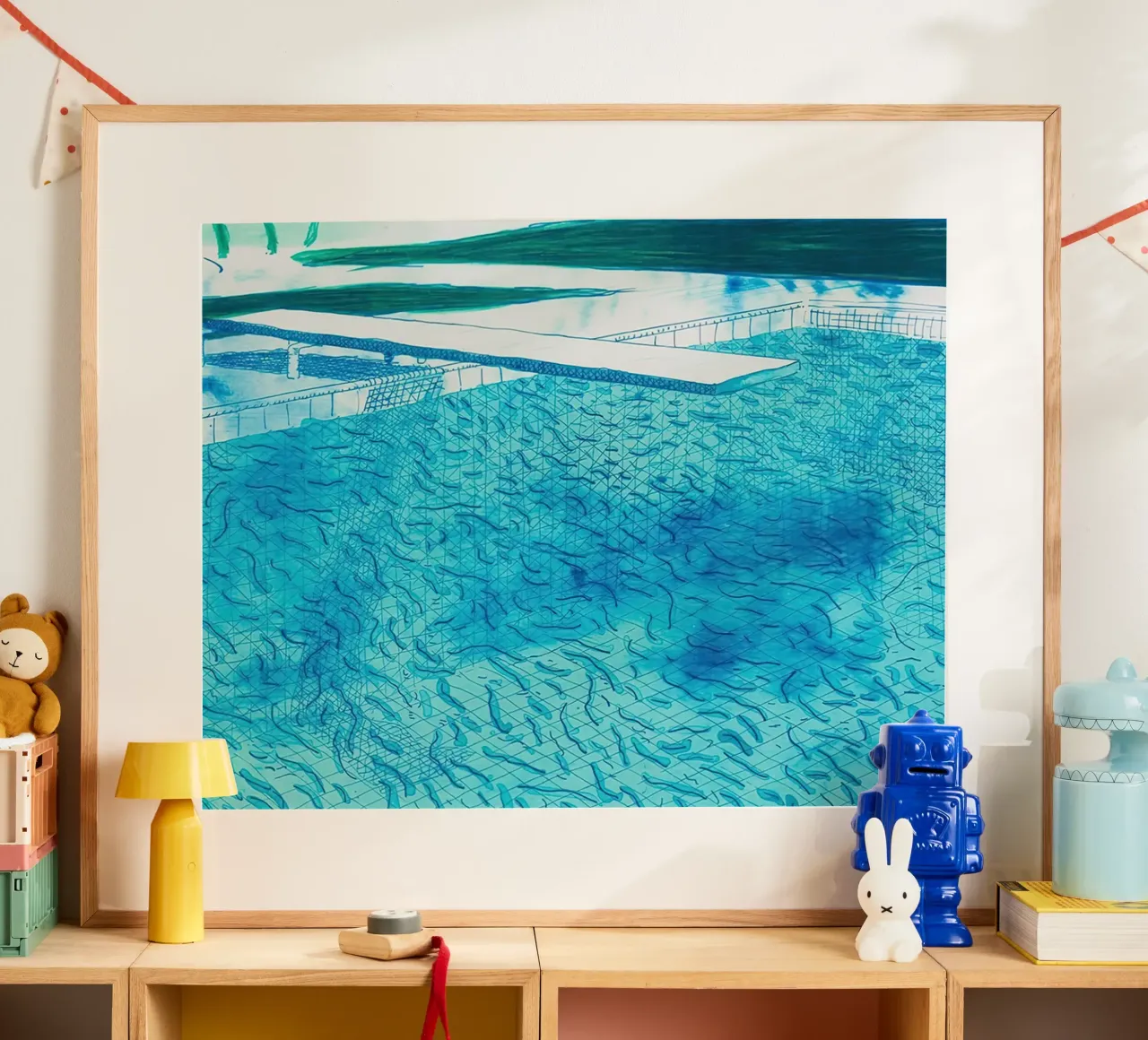Litografia di acqua fatta di linee con due lavaggi blu chiaro poster con telaio in plastica da Glen Stephens
