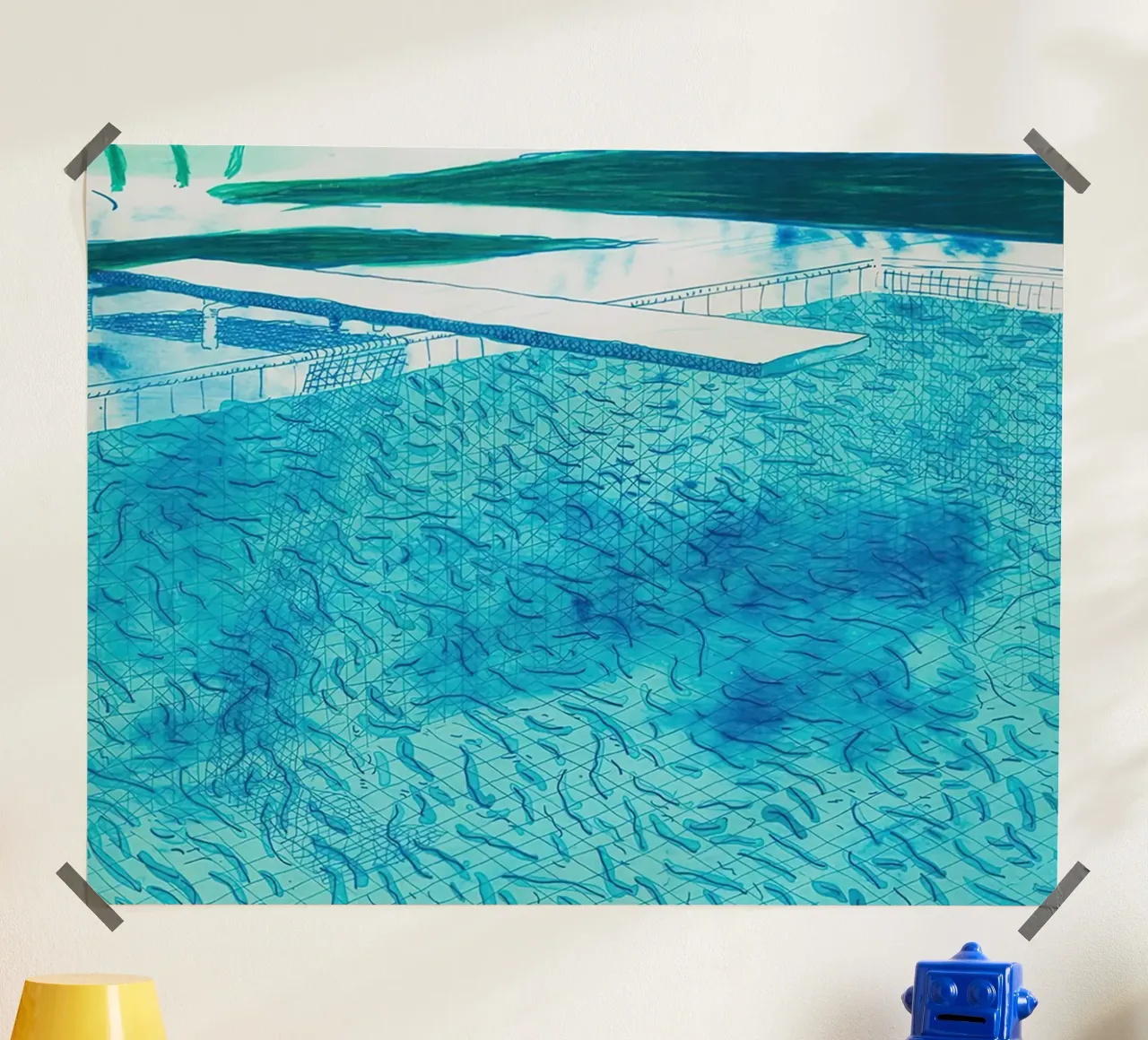 Litografia di acqua fatta di linee con due lavaggi blu chiaro poster con telaio in plastica da Glen Stephens
