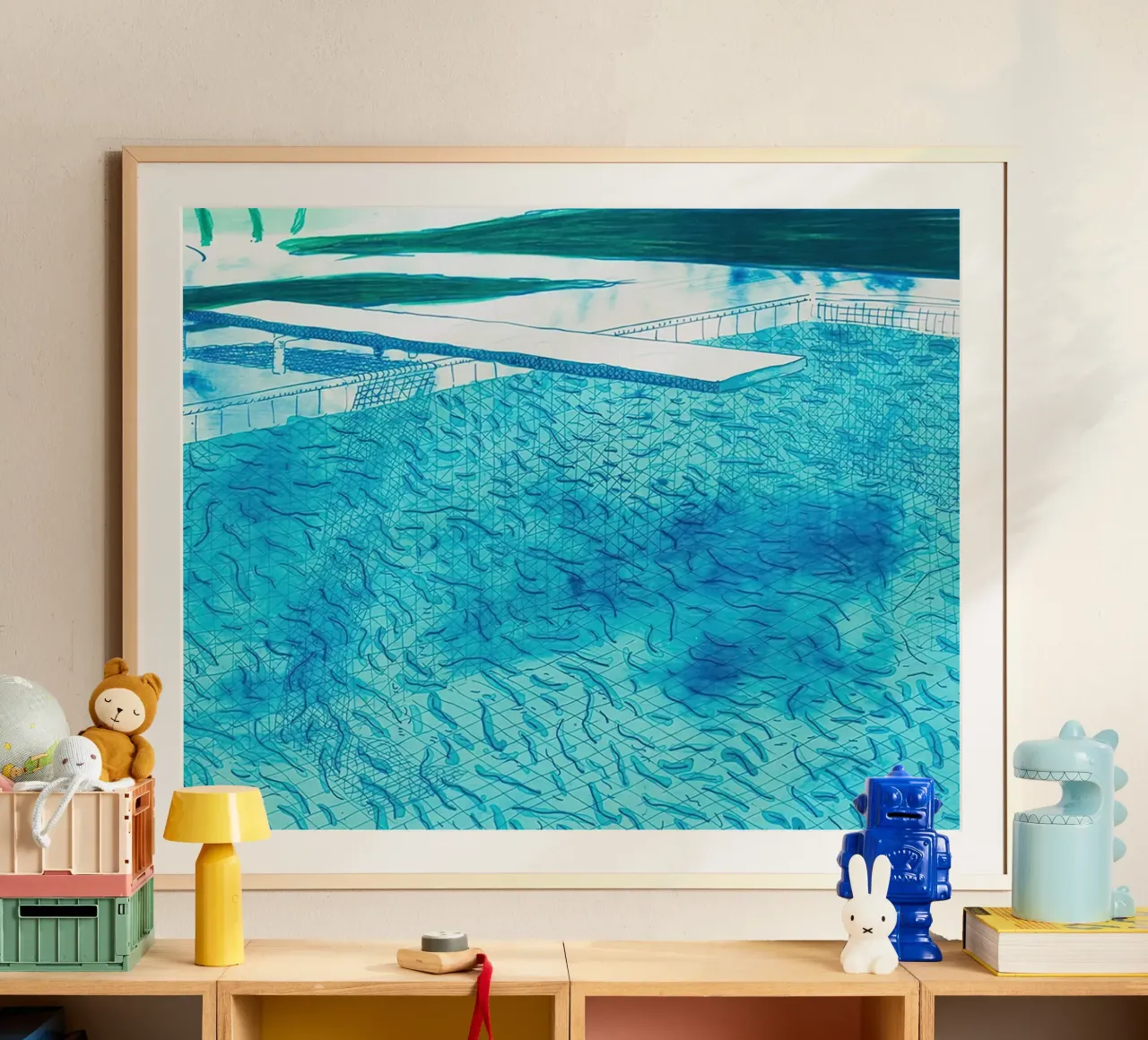 Litografia di acqua fatta di linee con due lavaggi blu chiaro poster con telaio in plastica da Glen Stephens