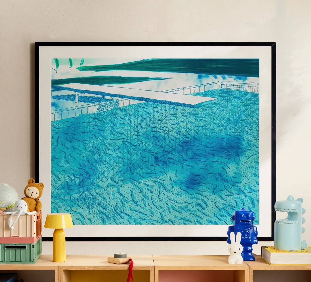 Litografia di acqua fatta di linee con due lavaggi blu chiaro poster con telaio in plastica da Glen Stephens