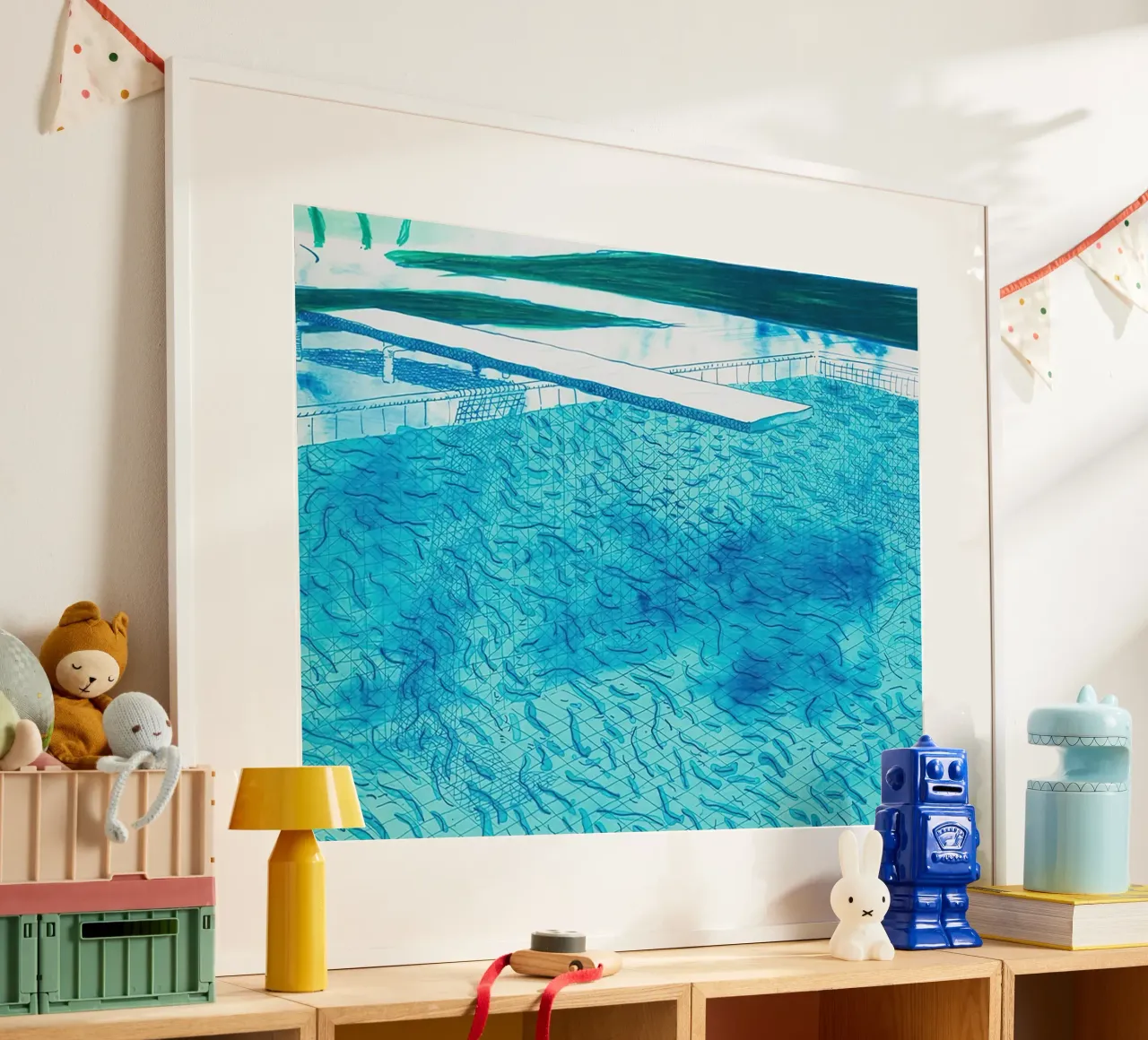 Litografia di acqua fatta di linee con due lavaggi blu chiaro poster con telaio in plastica da Glen Stephens