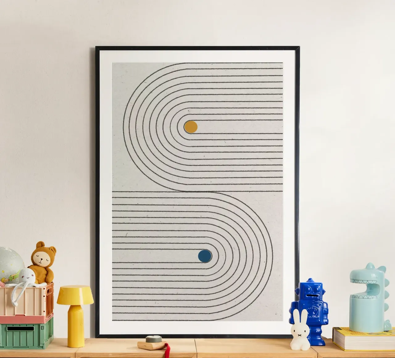 Puntini semplici di Blance poster con telaio in legno da The Miuus Studio