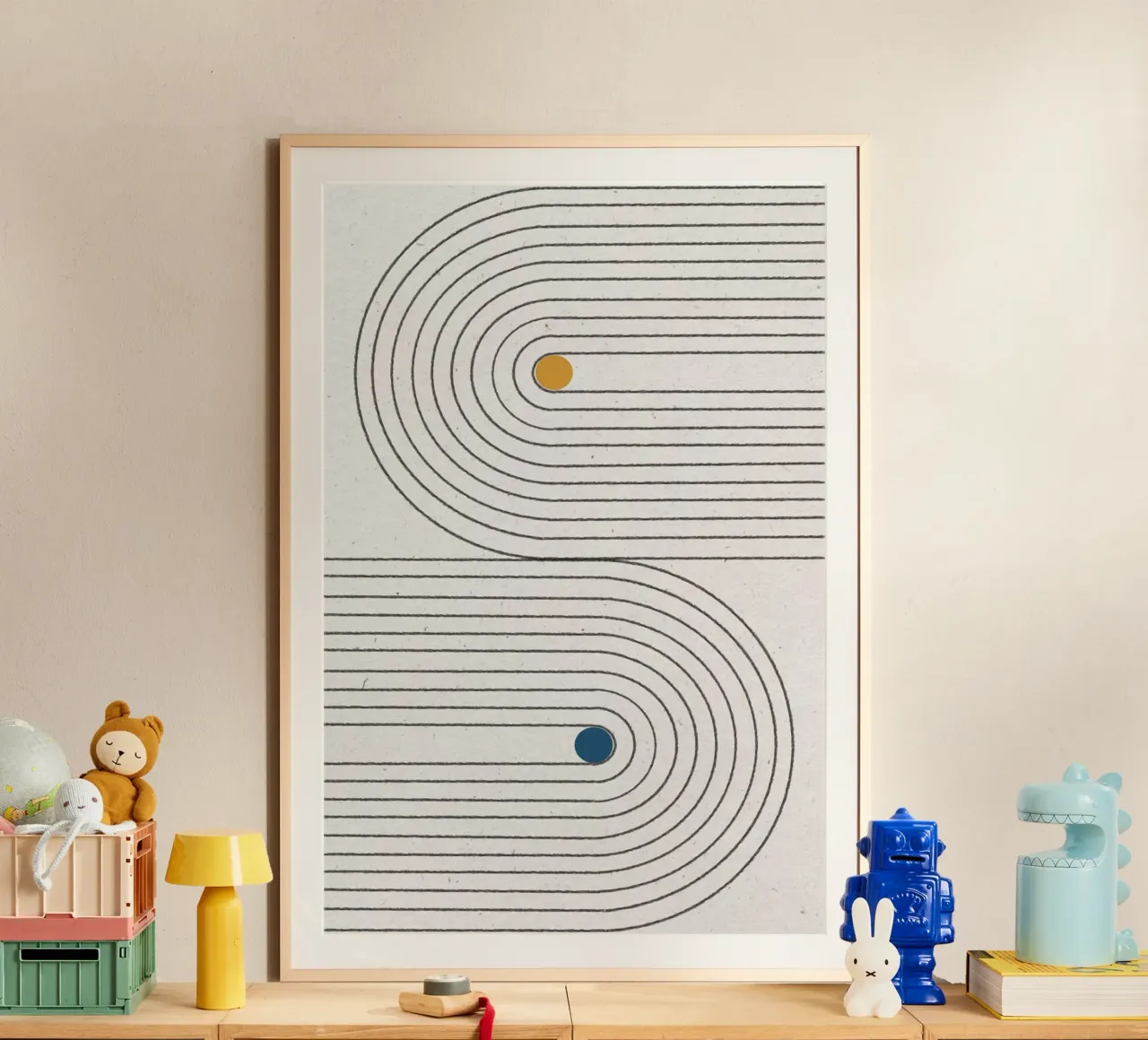 Puntini semplici di Blance poster con telaio in legno da The Miuus Studio