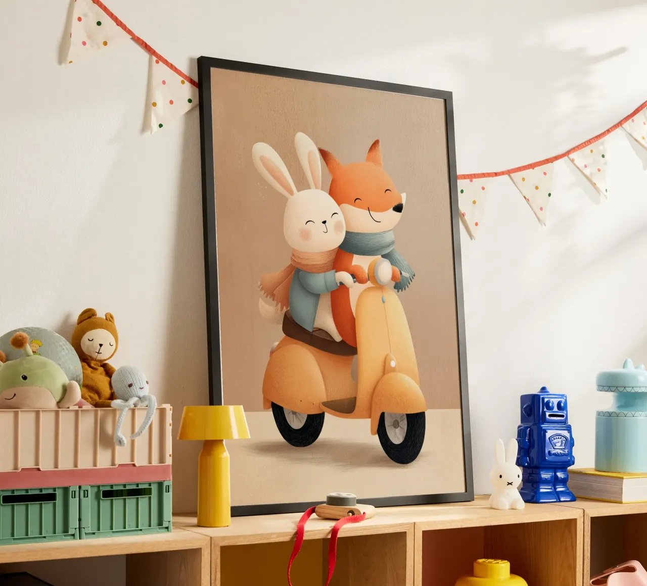 Bunny & Fox Adventures poster con telaio in legno da Kiara