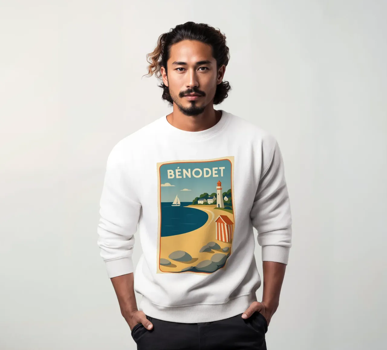 Poster d'epoca Bénodet - Spiaggia, faro e vela in Bretagna felpa da JETLAG | affiches voyage