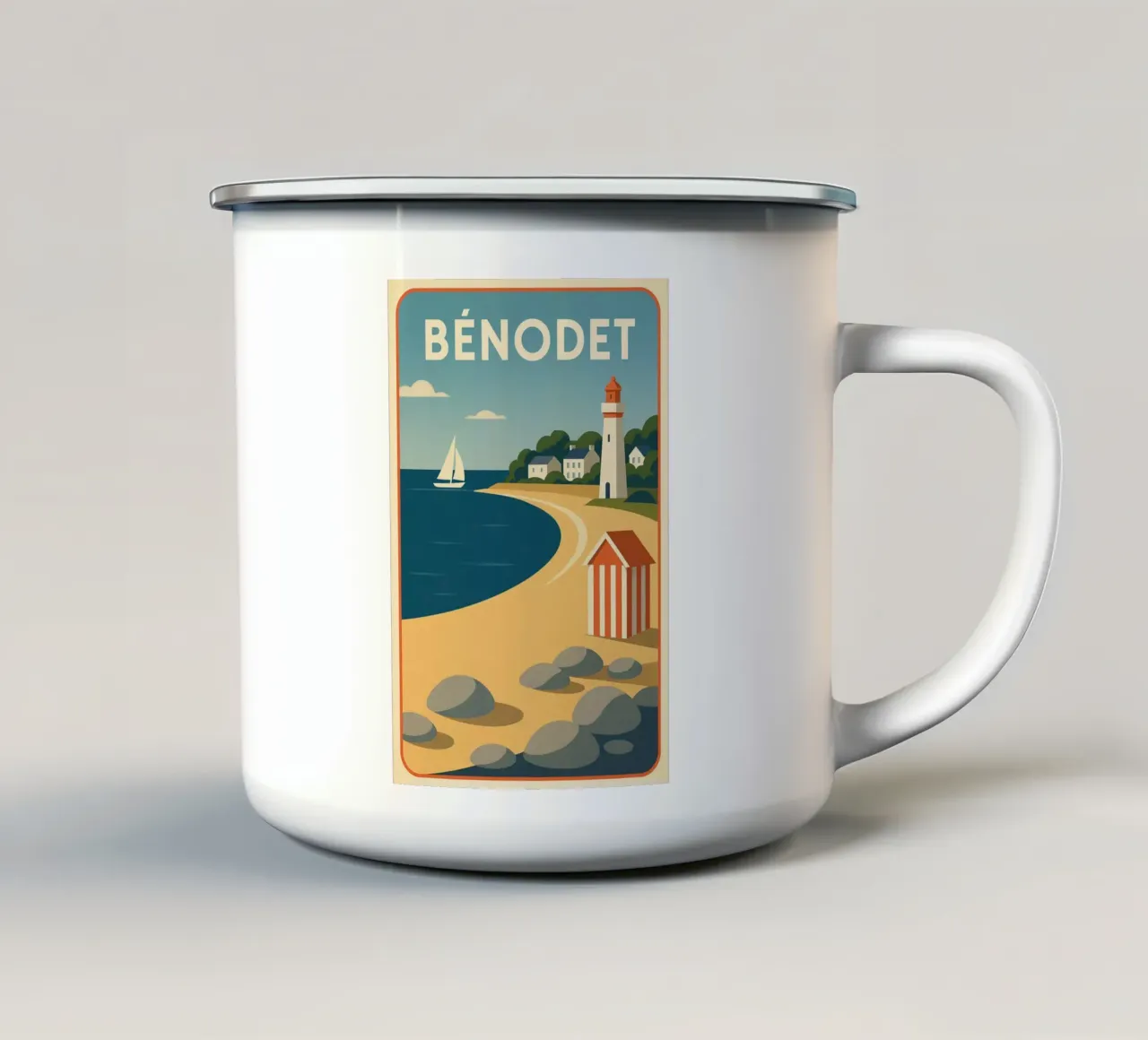 Poster d'epoca Bénodet - Spiaggia, faro e vela in Bretagna tazza in smalto da JETLAG | affiches voyage