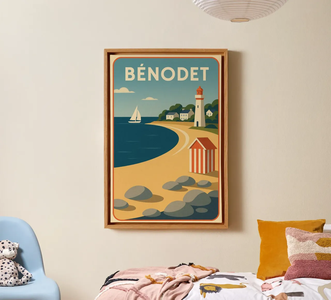 Poster d'epoca Bénodet - Spiaggia, faro e vela in Bretagna tela con Cornice a cassetta da JETLAG | affiches voyage