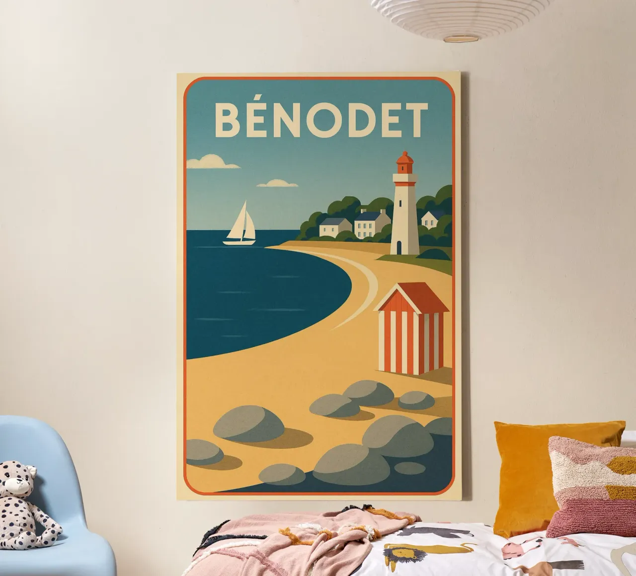Poster d'epoca Bénodet - Spiaggia, faro e vela in Bretagna tela con Cornice a cassetta da JETLAG | affiches voyage