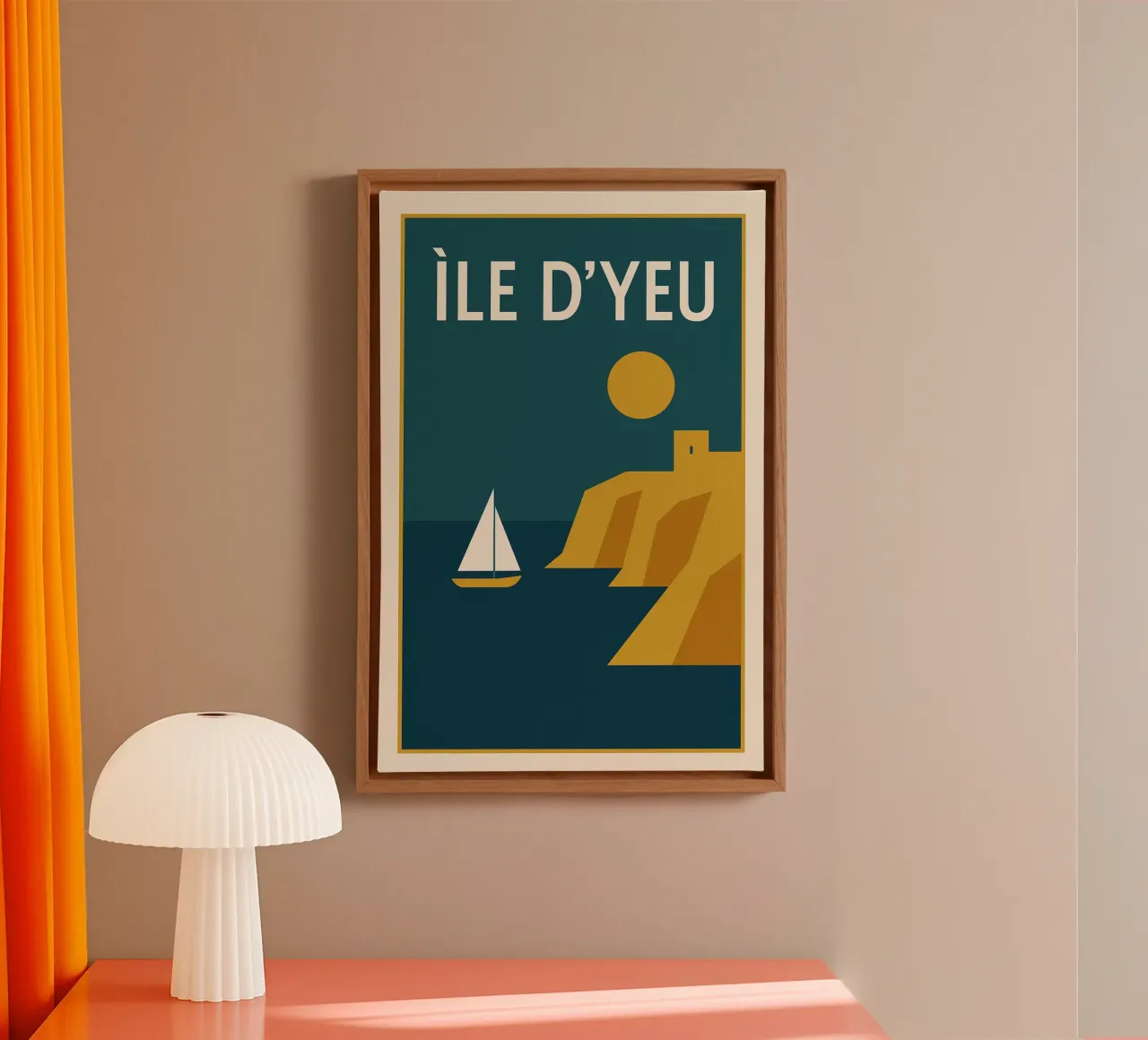 Minimalistische poster Île d'Yeu - Zonsondergang en zeilboot canvas met Baklijst van JETLAG | affiches voyage
