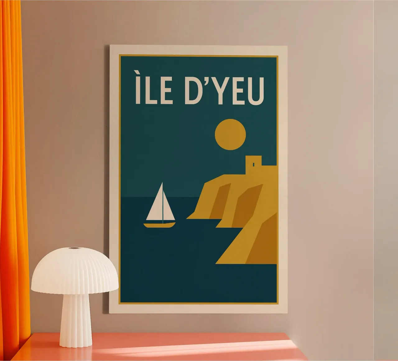 Minimalistische poster Île d'Yeu - Zonsondergang en zeilboot canvas met Baklijst van JETLAG | affiches voyage