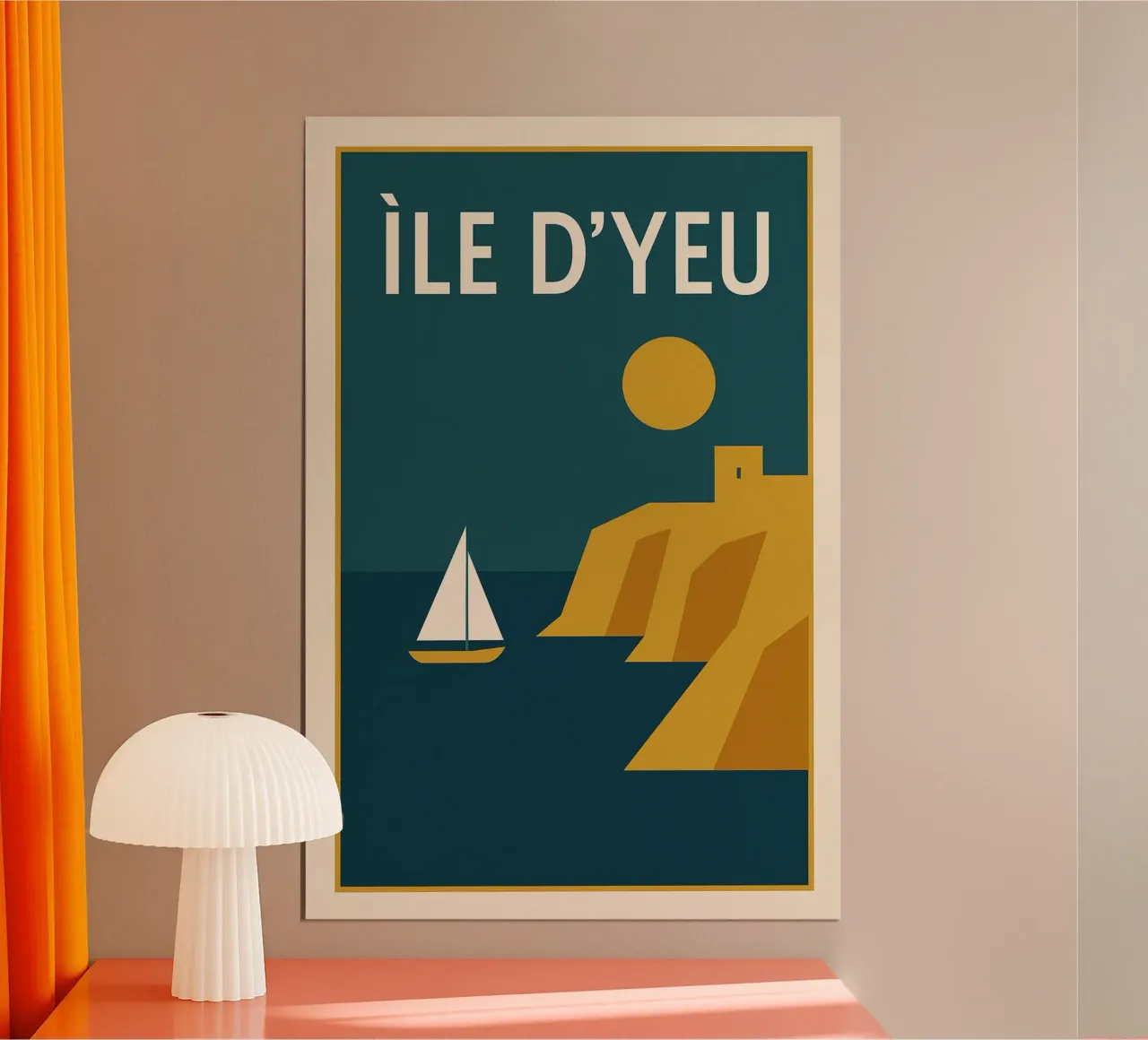 Minimalistische poster Île d'Yeu - Zonsondergang en zeilboot poster met aluminium frame van JETLAG | affiches voyage