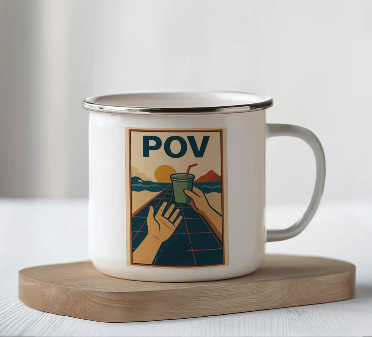 Poster POV retrò - Tramonto e condivisione di un momento tazza in smalto da Art Typo Essentiel