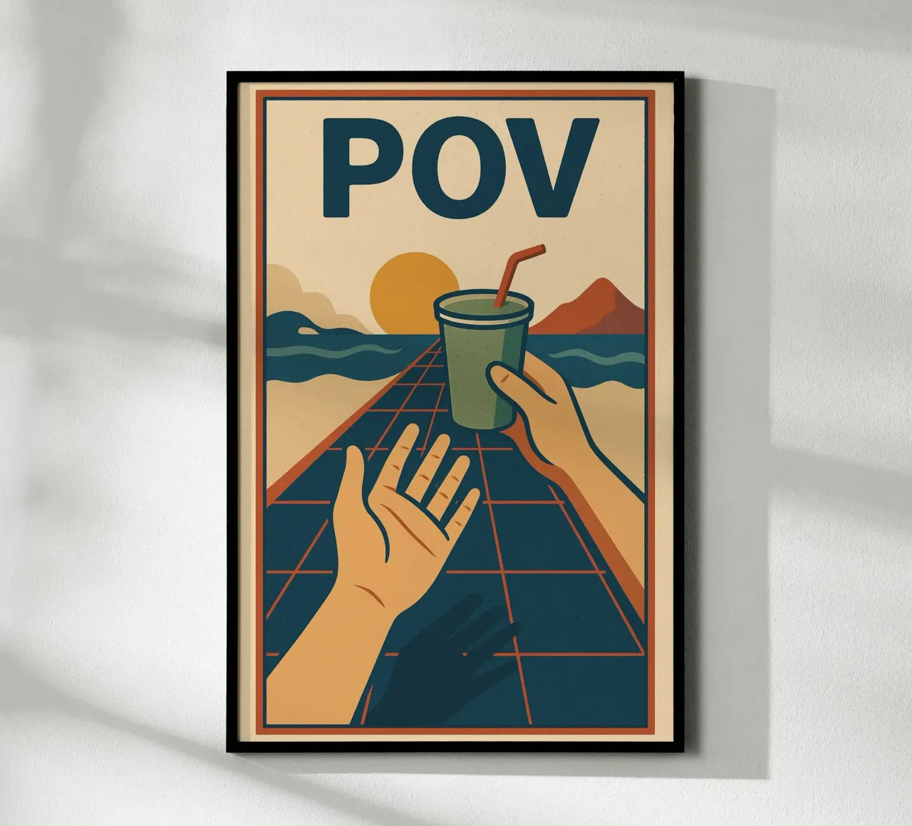 Póster Retro POV - Puesta de sol y compartir un momento poster con marco de madera de Art Typo Essentiel