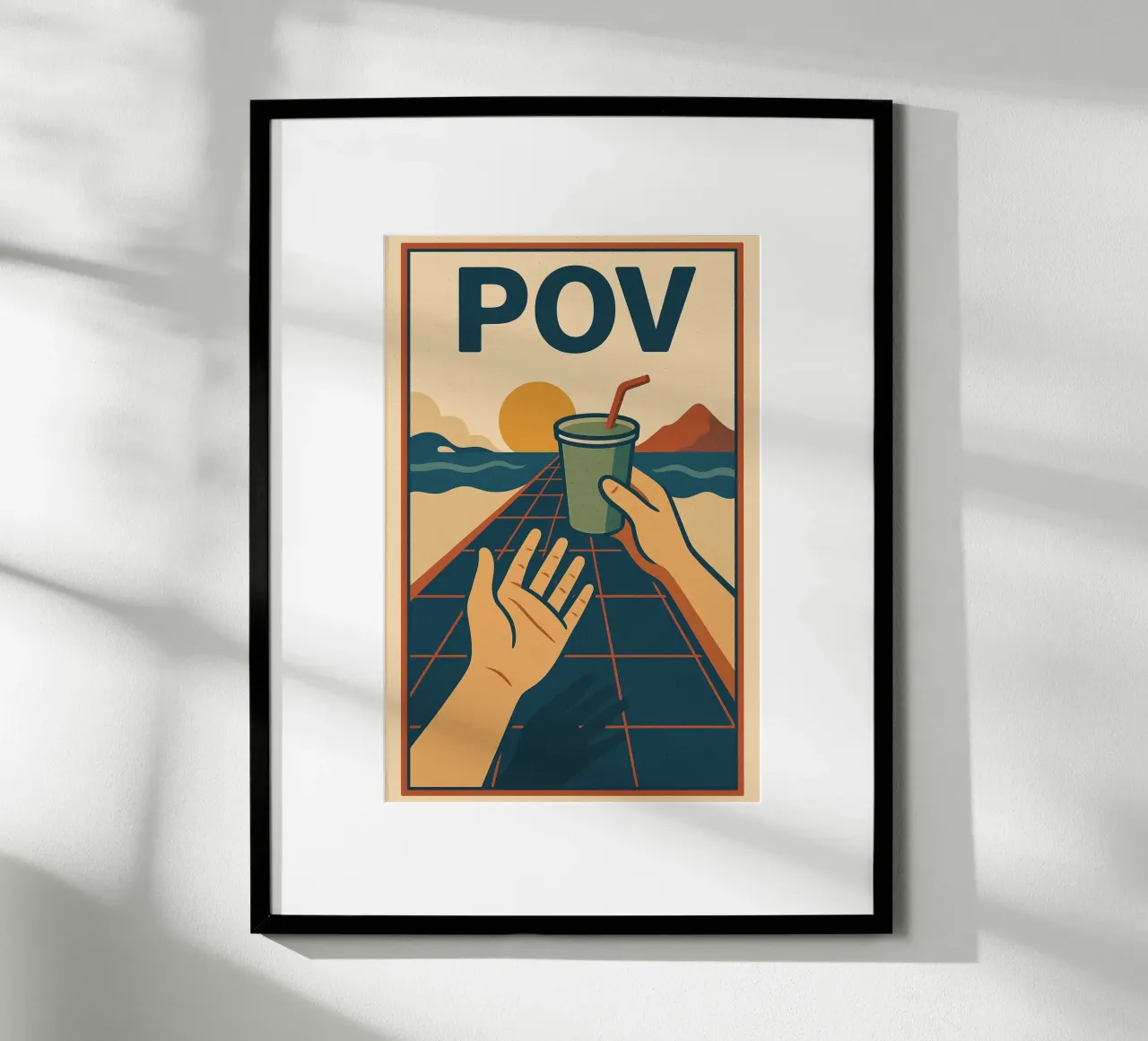Póster Retro POV - Puesta de sol y compartir un momento poster con marco de madera de Art Typo Essentiel