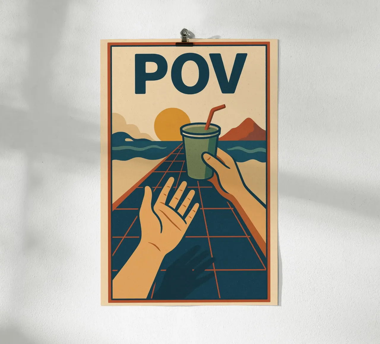 Póster Retro POV - Puesta de sol y compartir un momento poster con marco de madera de Art Typo Essentiel