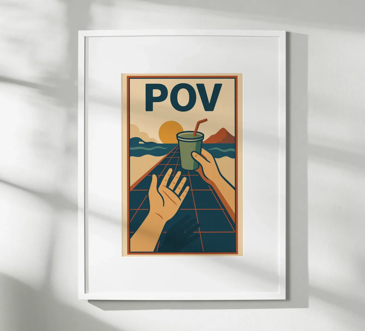 Póster Retro POV - Puesta de sol y compartir un momento poster con marco de madera de Art Typo Essentiel