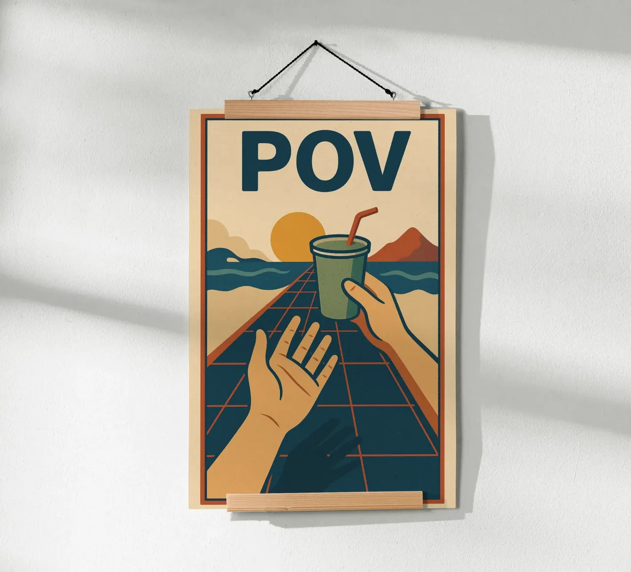 Póster Retro POV - Puesta de sol y compartir un momento poster con marco de madera de Art Typo Essentiel