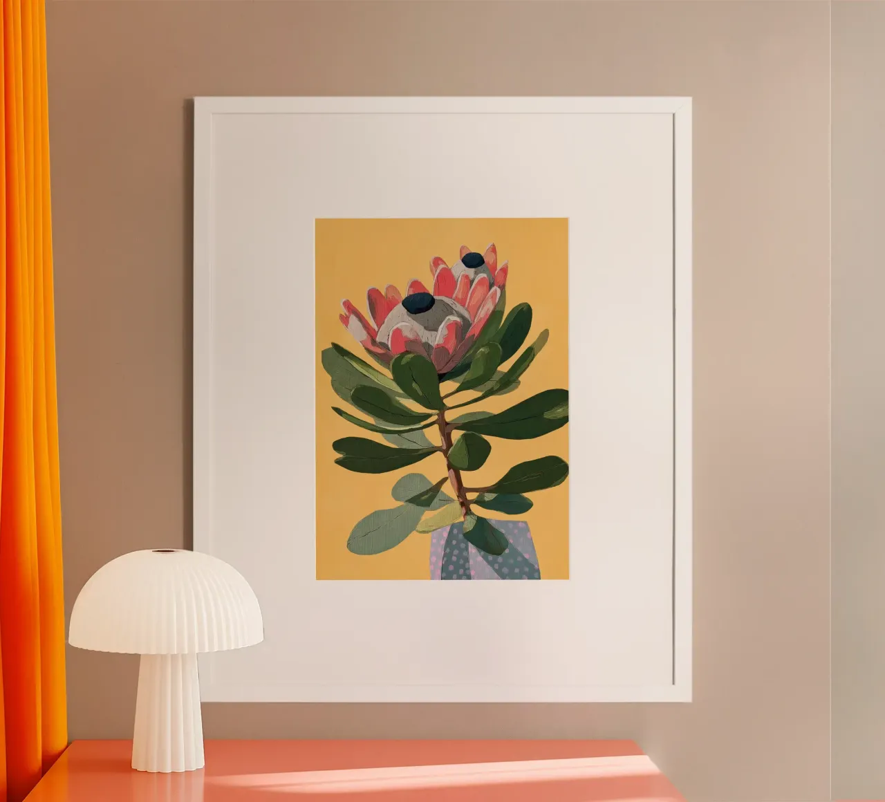 Protea Bloom with Sage Leaves poster con telaio in legno da Flow Line