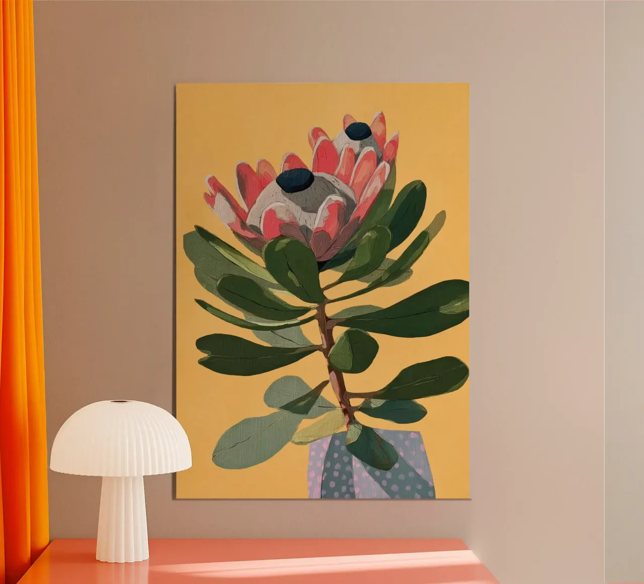 Protea Bloom with Sage Leaves poster con telaio in legno da Flow Line