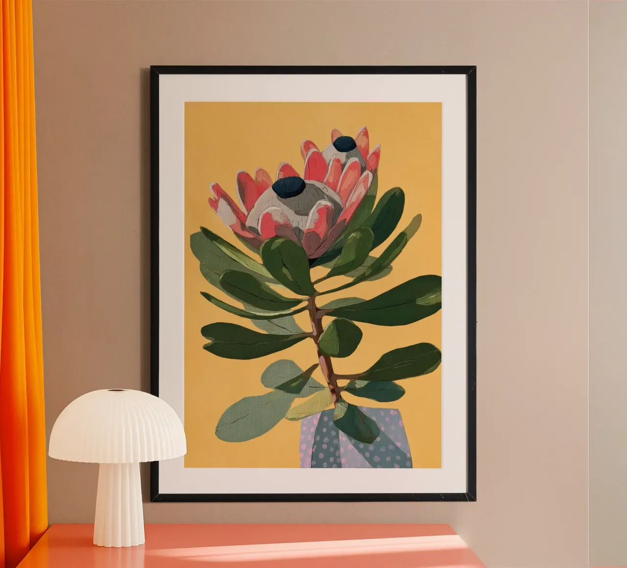 Protea Bloom with Sage Leaves poster con telaio in legno da Flow Line