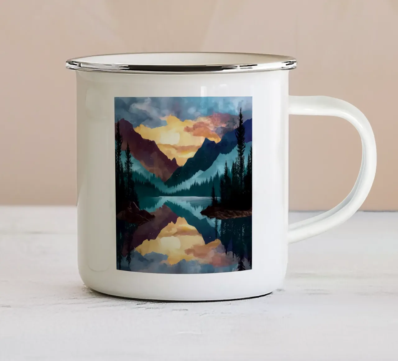 Mountain Lake Sunset - Reflected Forest and Colorful Sky tazza in smalto da Dune