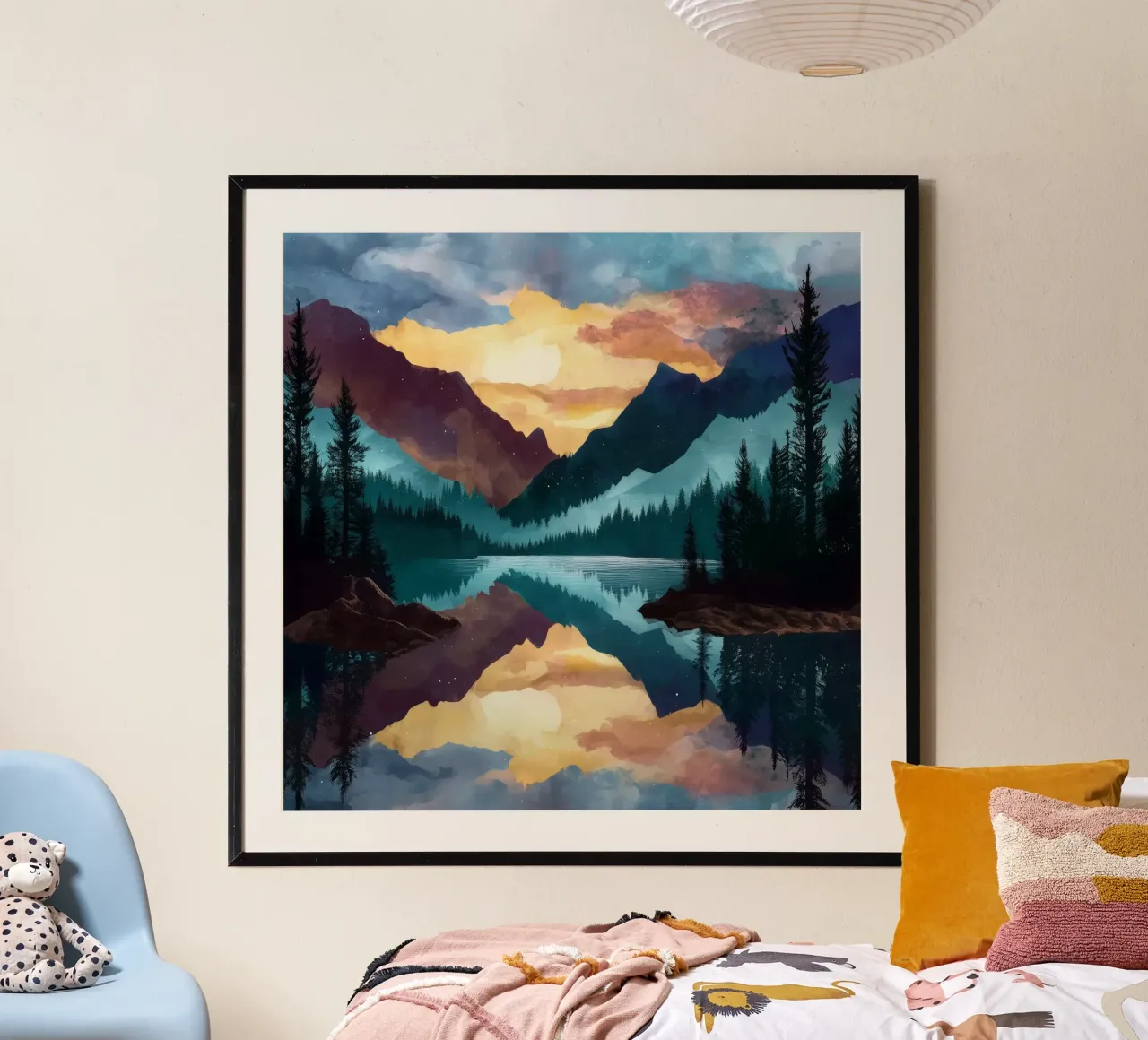 Mountain Lake Sunset - Reflected Forest and Colorful Sky poster con telaio in legno da Dune