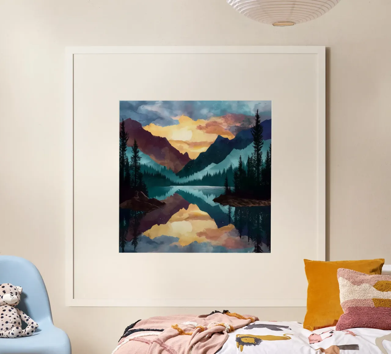 Mountain Lake Sunset - Reflected Forest and Colorful Sky poster con telaio in legno da Dune