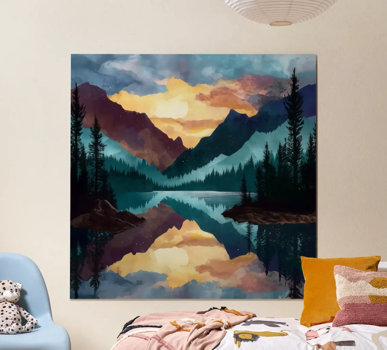 Mountain Lake Sunset - Reflected Forest and Colorful Sky poster con telaio in legno da Dune