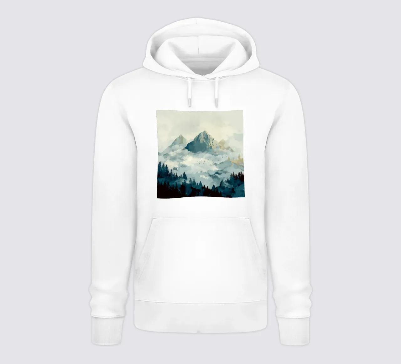 Mountain Landscape - Snowy Peaks and Pine Forest in Clouds felpa con cappuccio da Dune