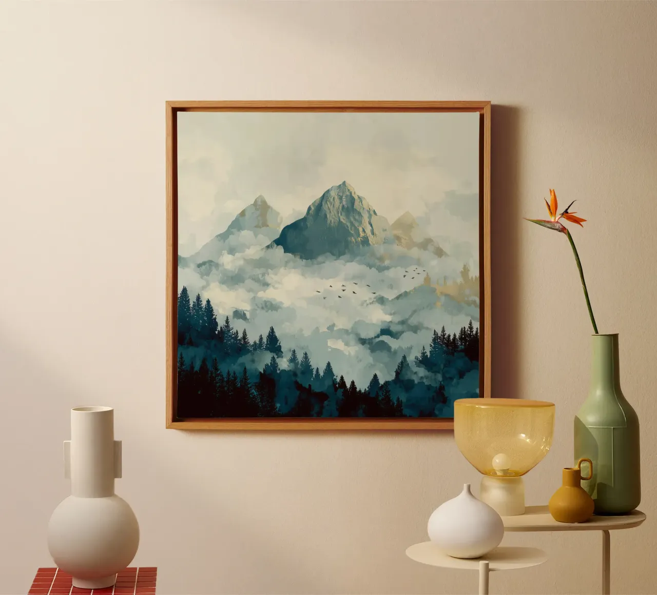 Mountain Landscape - Snowy Peaks and Pine Forest in Clouds tela con Cornice a cassetta da Dune