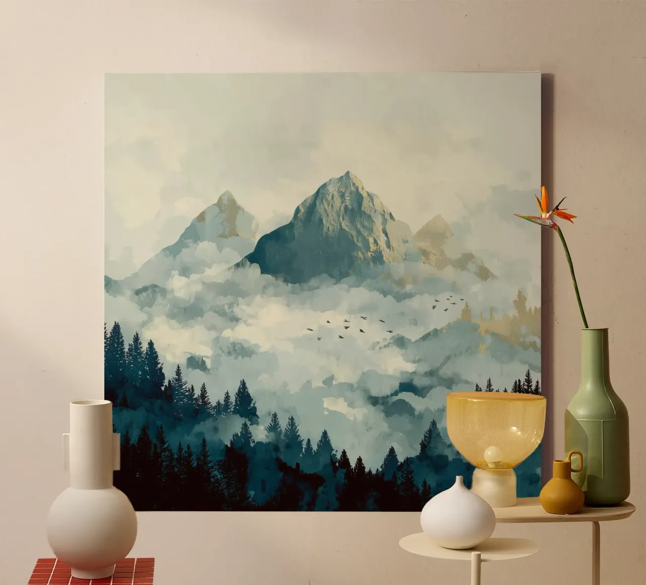 Mountain Landscape - Snowy Peaks and Pine Forest in Clouds tela con Cornice a cassetta da Dune