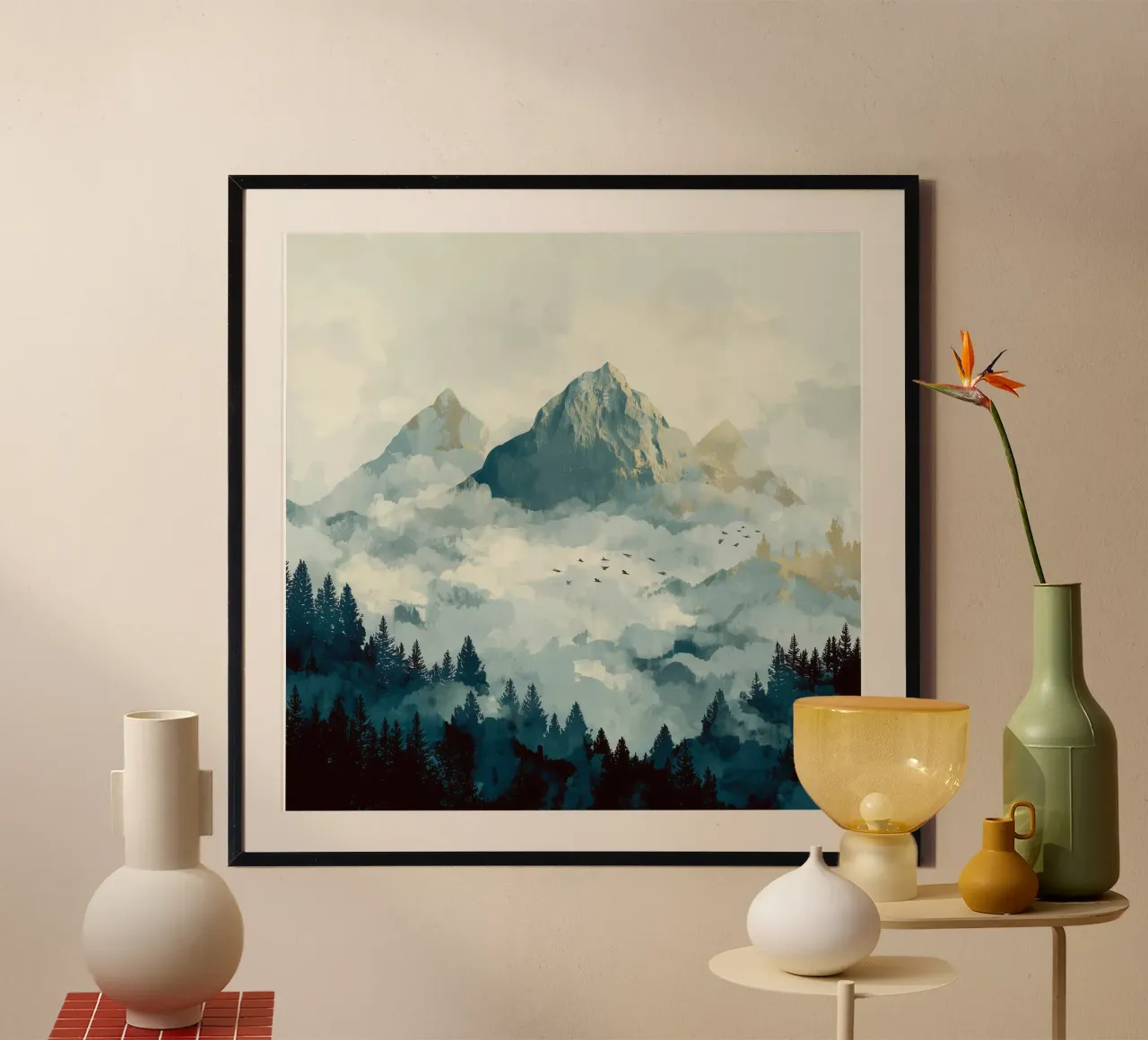 Mountain Landscape - Snowy Peaks and Pine Forest in Clouds Poster mit Aluminium Rahmen von Dune