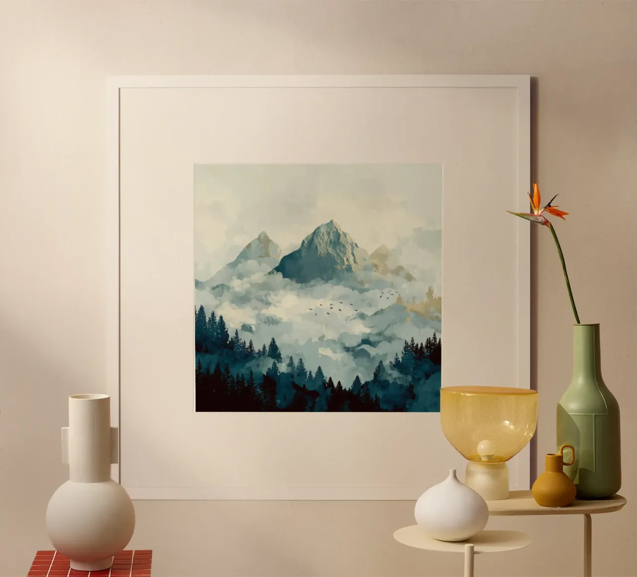 Mountain Landscape - Snowy Peaks and Pine Forest in Clouds Poster mit Aluminium Rahmen von Dune