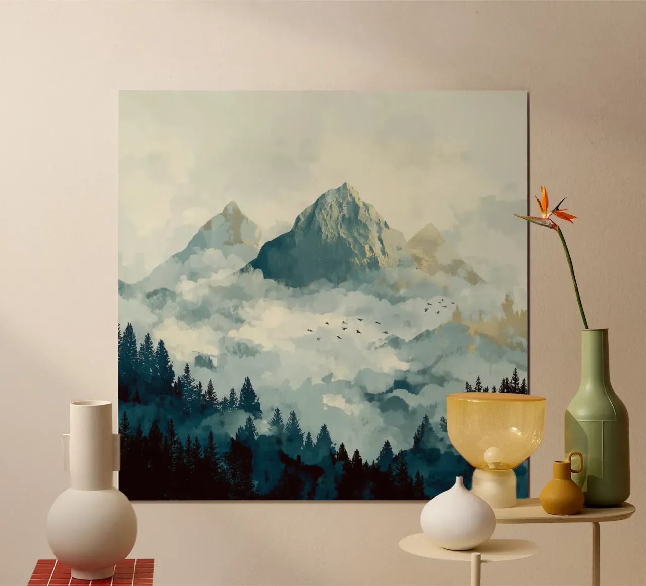 Mountain Landscape - Snowy Peaks and Pine Forest in Clouds Poster mit Aluminium Rahmen von Dune