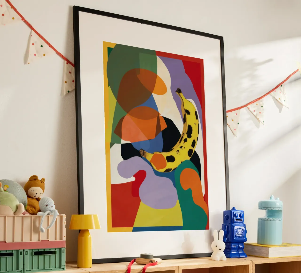 Insalata di frutta cubista poster con telaio in legno da Lyra Glaze