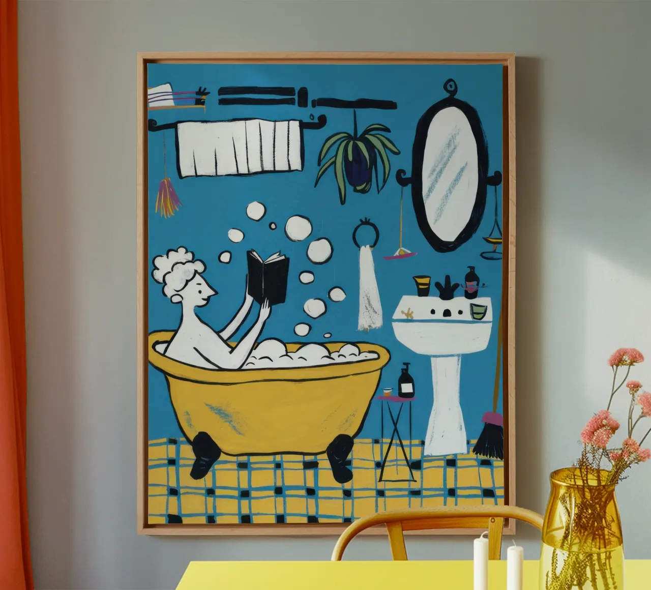 Escena juguetona en el baño lienzo con Marco flotante de Lyra Glaze