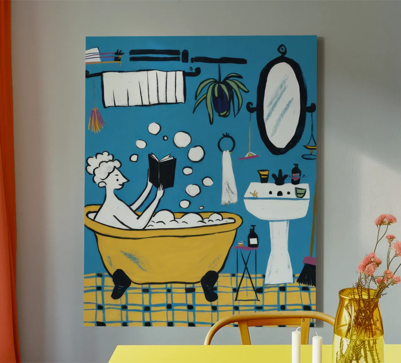 Escena juguetona en el baño lienzo con Marco flotante de Lyra Glaze