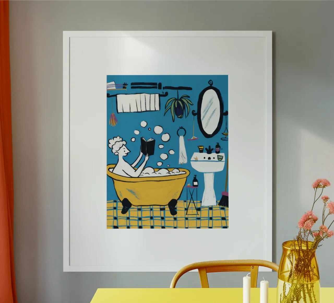 Scena giocosa in bagno poster con telaio in plastica da Lyra Glaze
